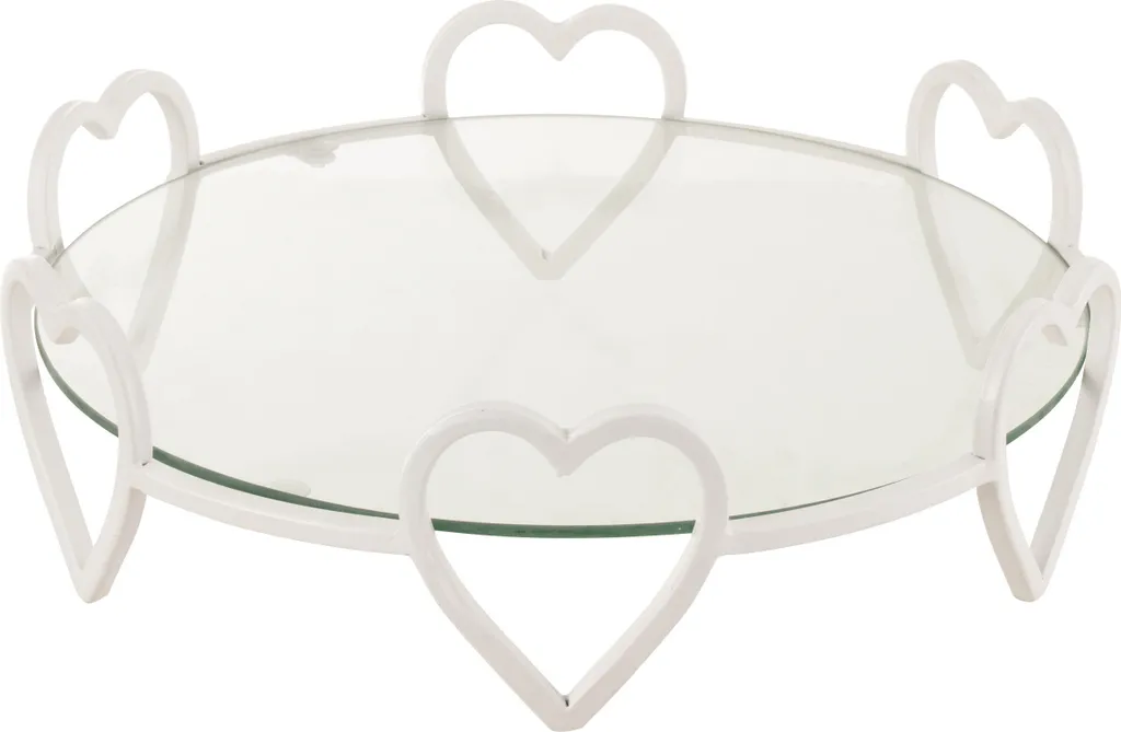 J-Line Plateau Miroir Rond Coeur Blanc en Métal et Verre - Déco Romantique