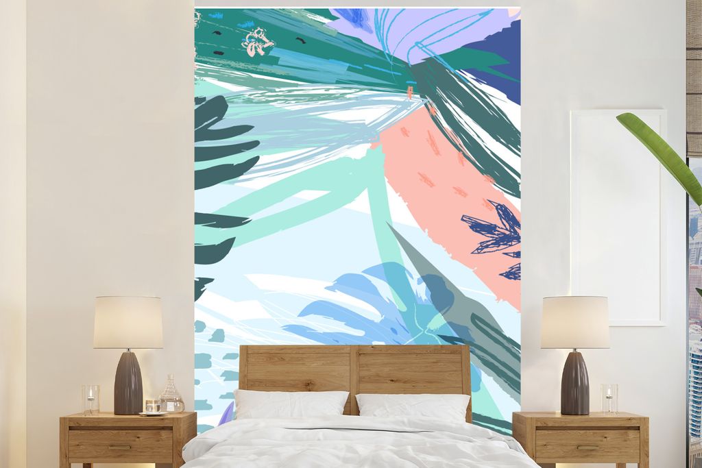 MuchoWow Fototapete für Wohnzimmer oder Schlafzimmer Wandtapete Vinyl Motivtapete Sommer - Laub - Blau - Grün - 155x240 cm - Tapete
