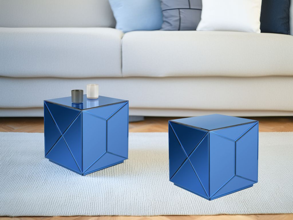 Couchtisch 2 teilig, Nachttisch verspiegelt Blau, Beistelltisch für Sofa + Couch