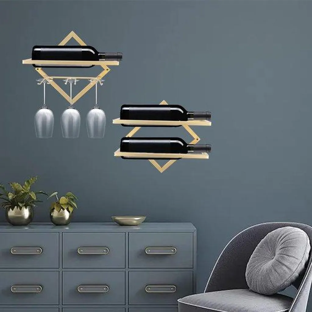 Porte-bouteilles mural suspendu en bois et métal style cave vintage chic