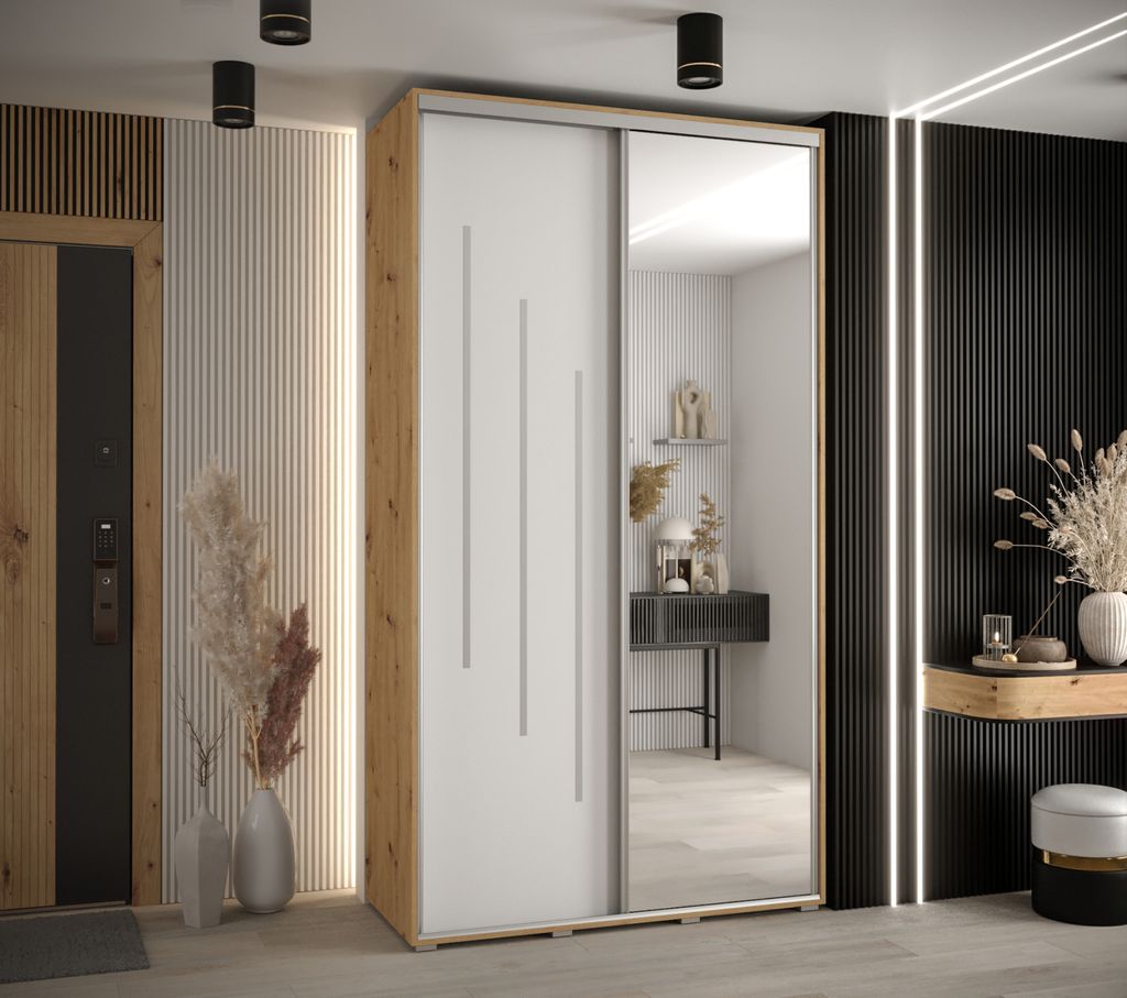 Kleiderschrank YVONA 9 - 140/45 cm, Eiche handwerklich / weiß / silber