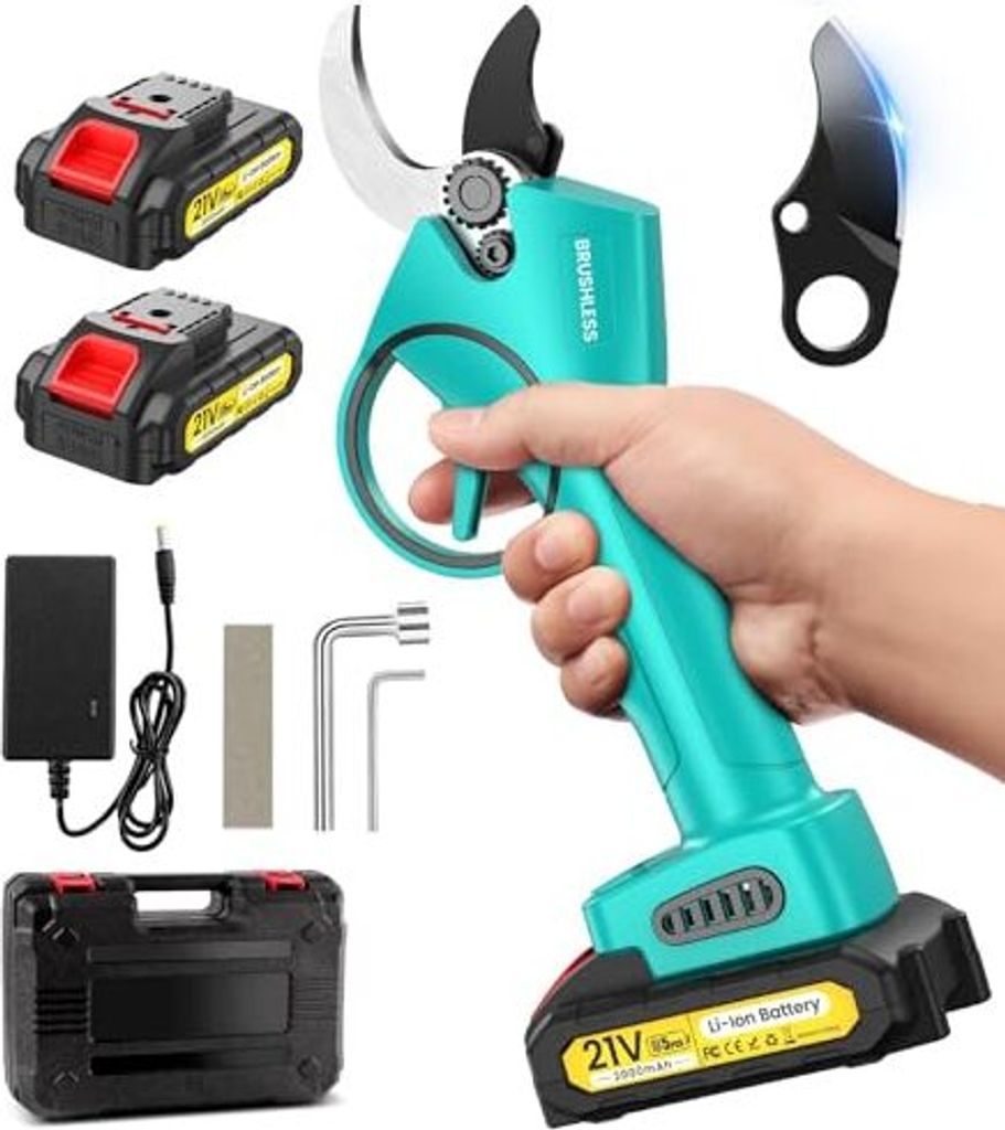 Batterie-Schnittschere, professionell 33 mm bürstenloser 800 W Elektrik Secateure 2 x 2000 mAh 21 V Lithium-Batterien, leistungsstark, 6-8 Stunden...