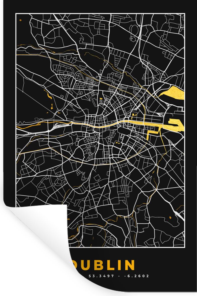 MuchoWow Wandtattoo Wandsticker Wandaufkleber Dublin - Gold - Stadtplan - Karte 40x60 cm Selbstklebend und Repositionierbar - Wierderverwendbar -...