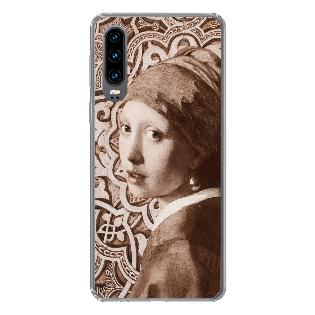MuchoWow Handyhülle Schutzhülle Hülle für Huawei P30 Das Mädchen mit dem Perlenohrring - Vermeer - Schnittmuster Silikon Softcase Handy Hül...