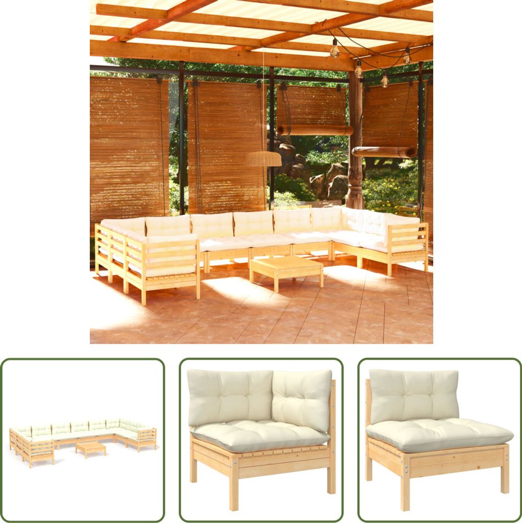 The Living Store 11-tlg. Garten-Lounge-Set mit Creme Kissen Kiefernholz