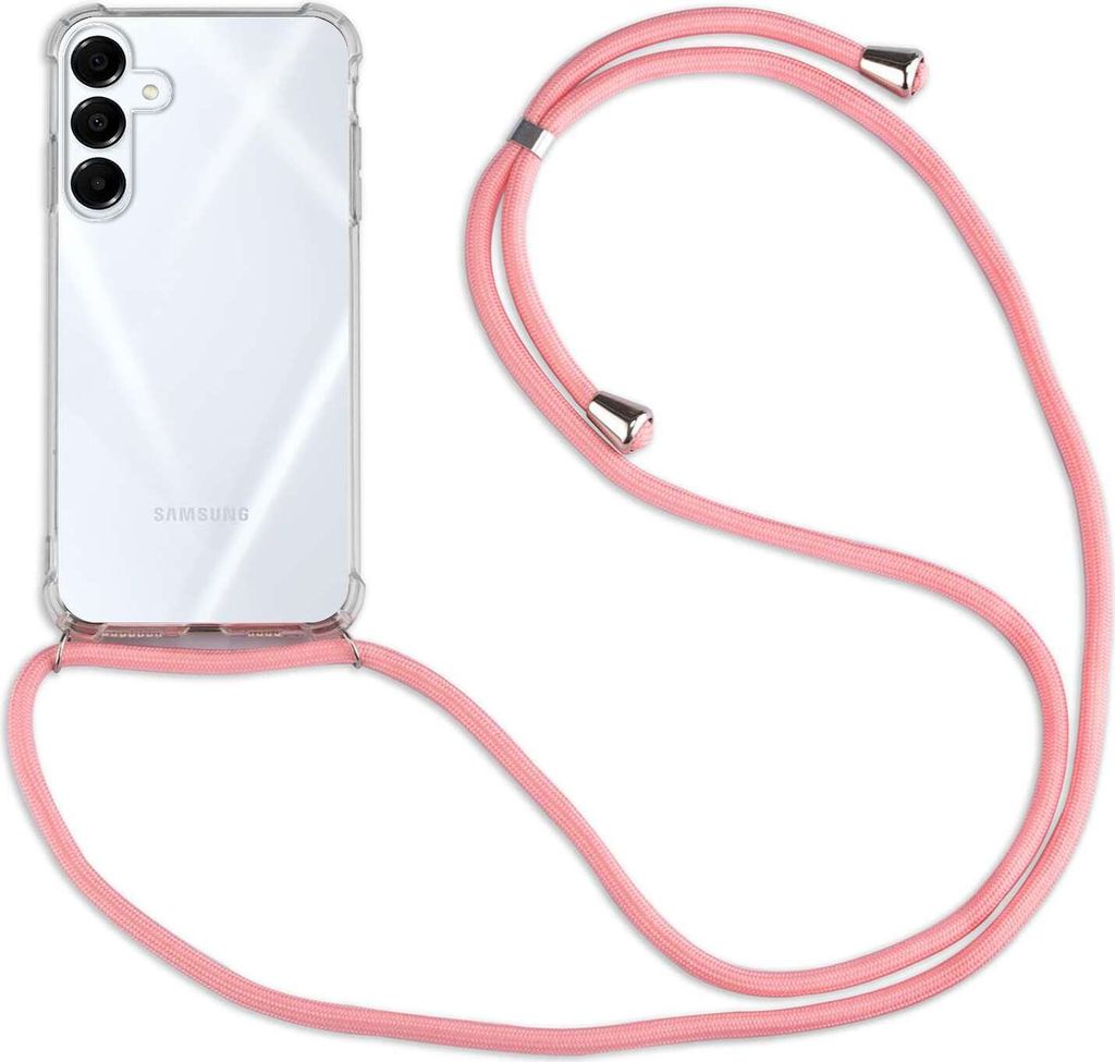 A clear, studio shot of a transparent phone case with a pink lanyard attached, placed on a white background.
