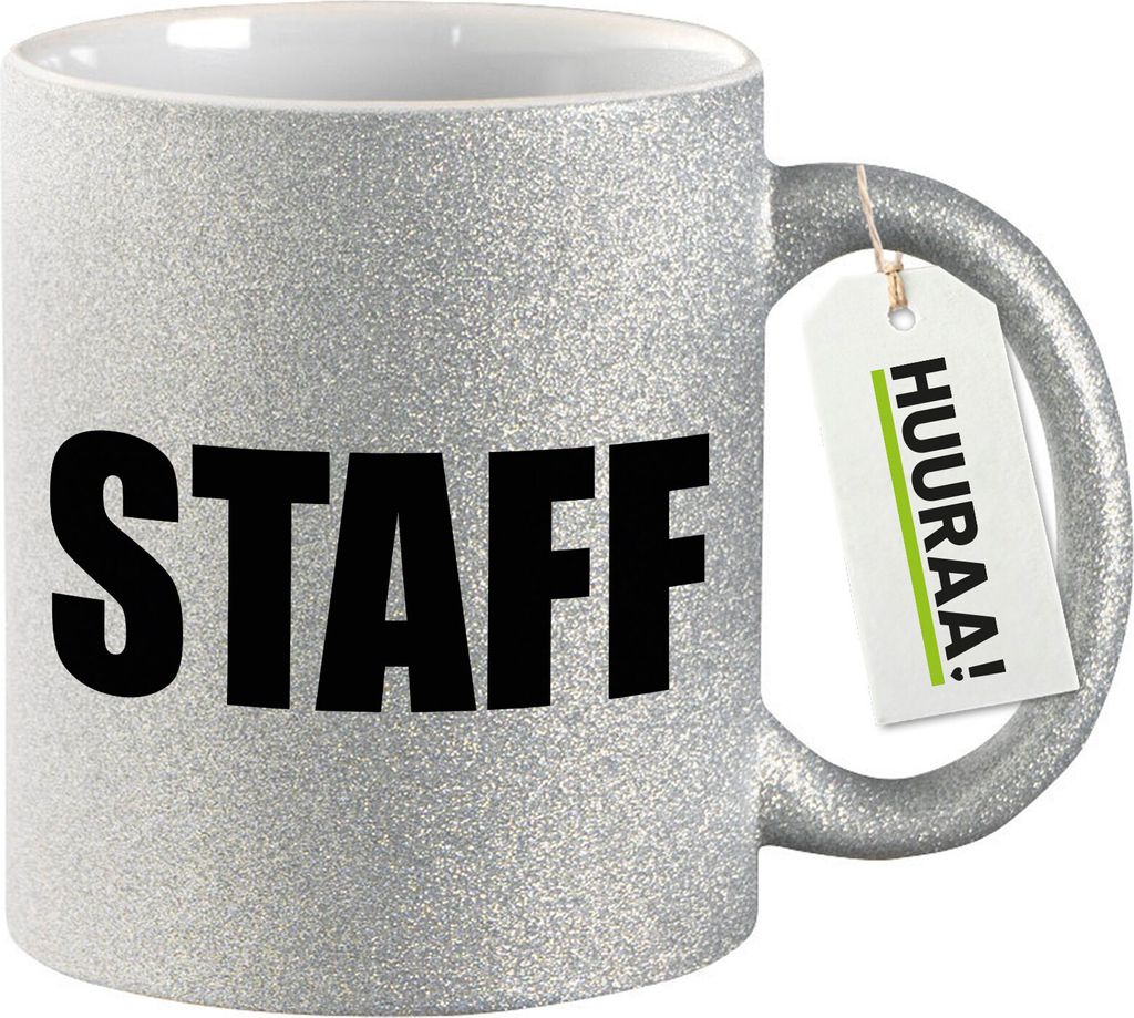 Huuraa Glitzertasse Staff Schriftzug 330ml Silber Keramik Kaffeebecher Geschenkidee