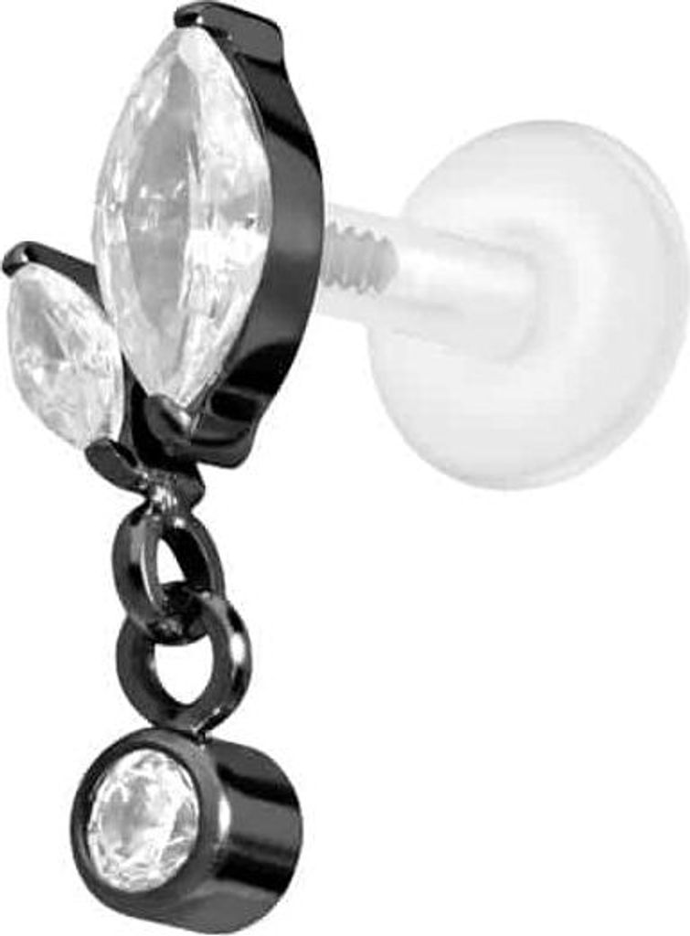 Ohrpiercing, Nasenpiercing PTFE Labret mit Innengewinde + Titan-Aufsatz KNOSPE + KRISTALL Schwarz Stablänge: 5mm | Stabstärke: 1,2mm