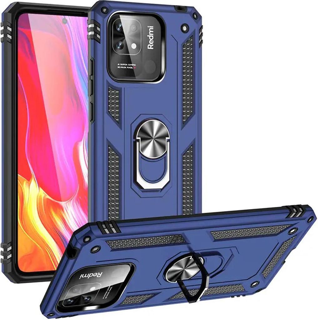 A blue phone case with a ring holder is displayed from multiple angles.