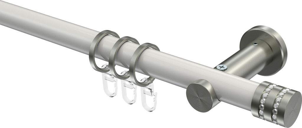 Interdeco Gardinenstange / Vorhangstange Weiß / Edelstahl-Optik, Typ Platon Estana (Glitzerkappe), 20 mm Ø 1-läufig, 220 cm