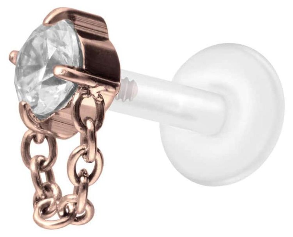 Ohrpiercing, Nasenpiercing PTFE Labret mit Innengewinde + Titan-Aufsatz KRISTALL + KETTE RoséGold Stablänge: 8mm | Stabstärke: 1,2mm