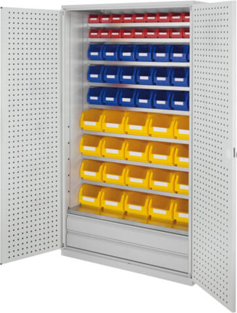 Großraumschrank, Türen mit Lochplatten, Kästen: 20xGr. 4, 21xGr. 6, 20xGr. 7, 2 Schubladen unten, BxTxH 1130x590x1950 mm
