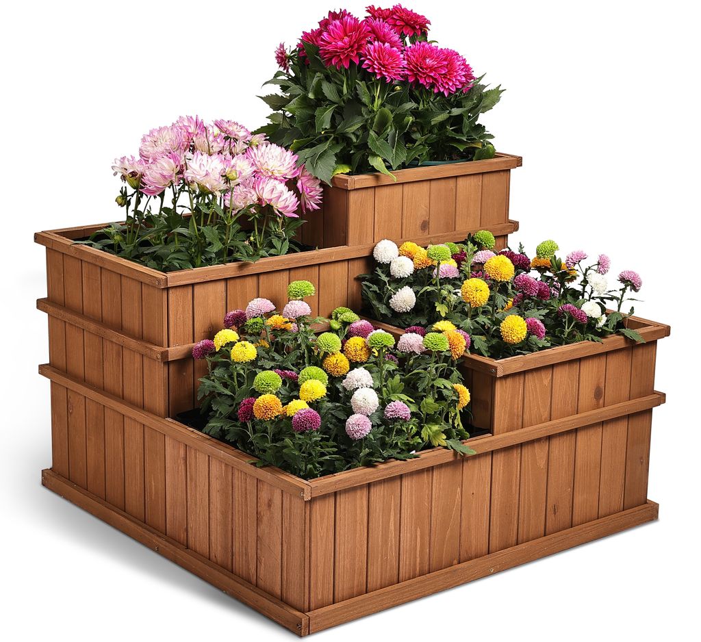 needs&wants Multi Hochbeet mit 4 Pflanzkästen quadratisch aus Holz für Garten Balkon Terrasse, 4er Pflanzbeet Blumenbeet niedrig mit Folie, braun
