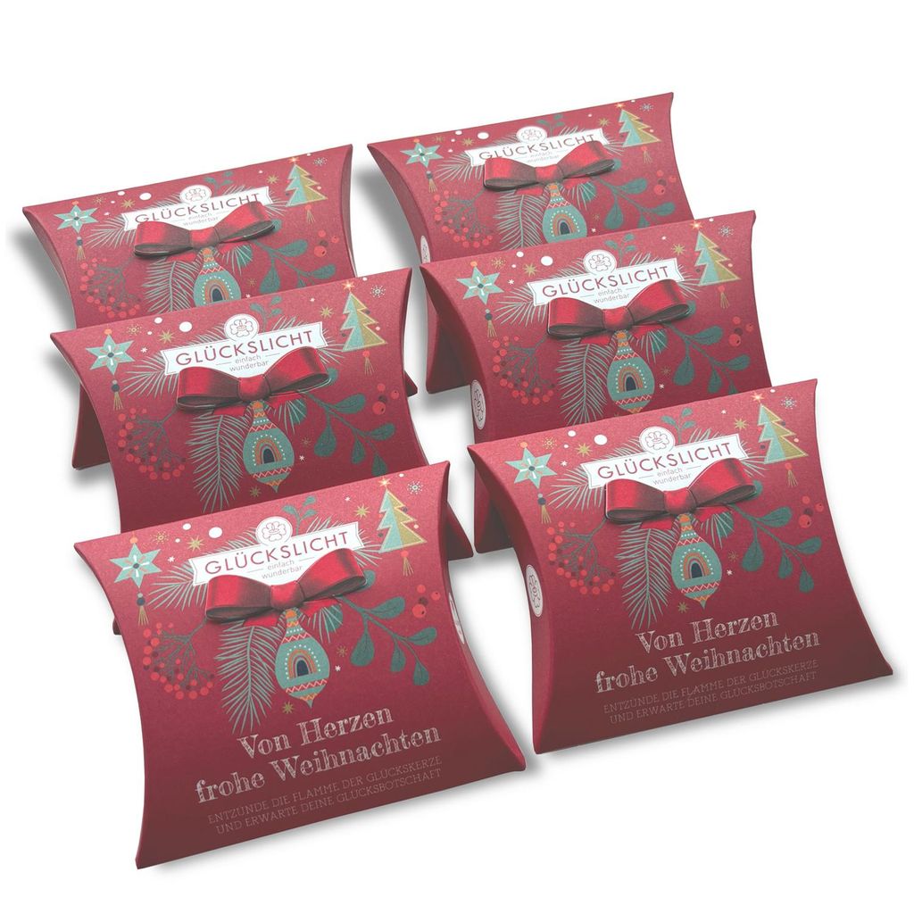 ORIGINAL-Glückslicht in roter Geschenkbox | Herzlich | "Von Herzen frohe Weihnachten" | Kerze mit Überraschung für besinnliche Weihnachten | 6er...