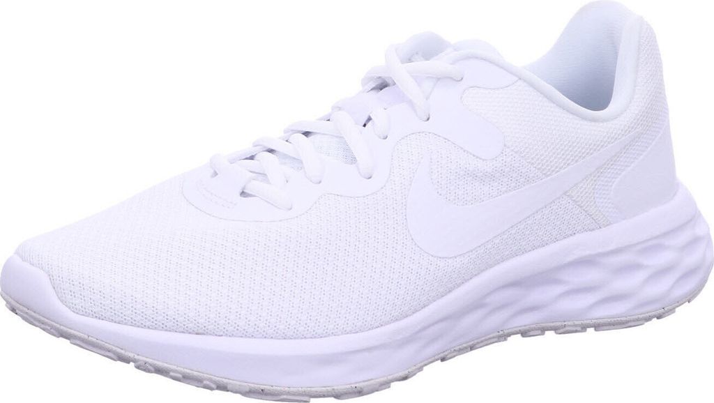 A white Nike Revolution 6 Next Nature running shoe is shown from a side angle against a white background.