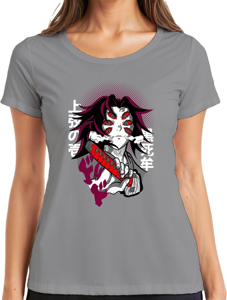 Sechsäugiger Dämon Samurai Anime Katana Manga düster Geschenk Damen T-Shirt, Grau, 3XL