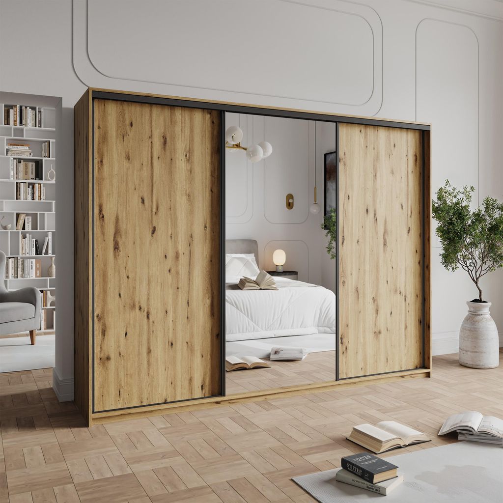 Masseno Schiebetürenschrank TAVI 250/205/60 cm Kleiderschrank mit 4 Schubladen Schlafzimmer Schrank 3-türig mit Spiegel Eiche Artisan