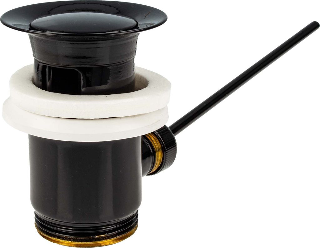 A black drain assembly with white rubber seals and a black lever, isolated on a white background.