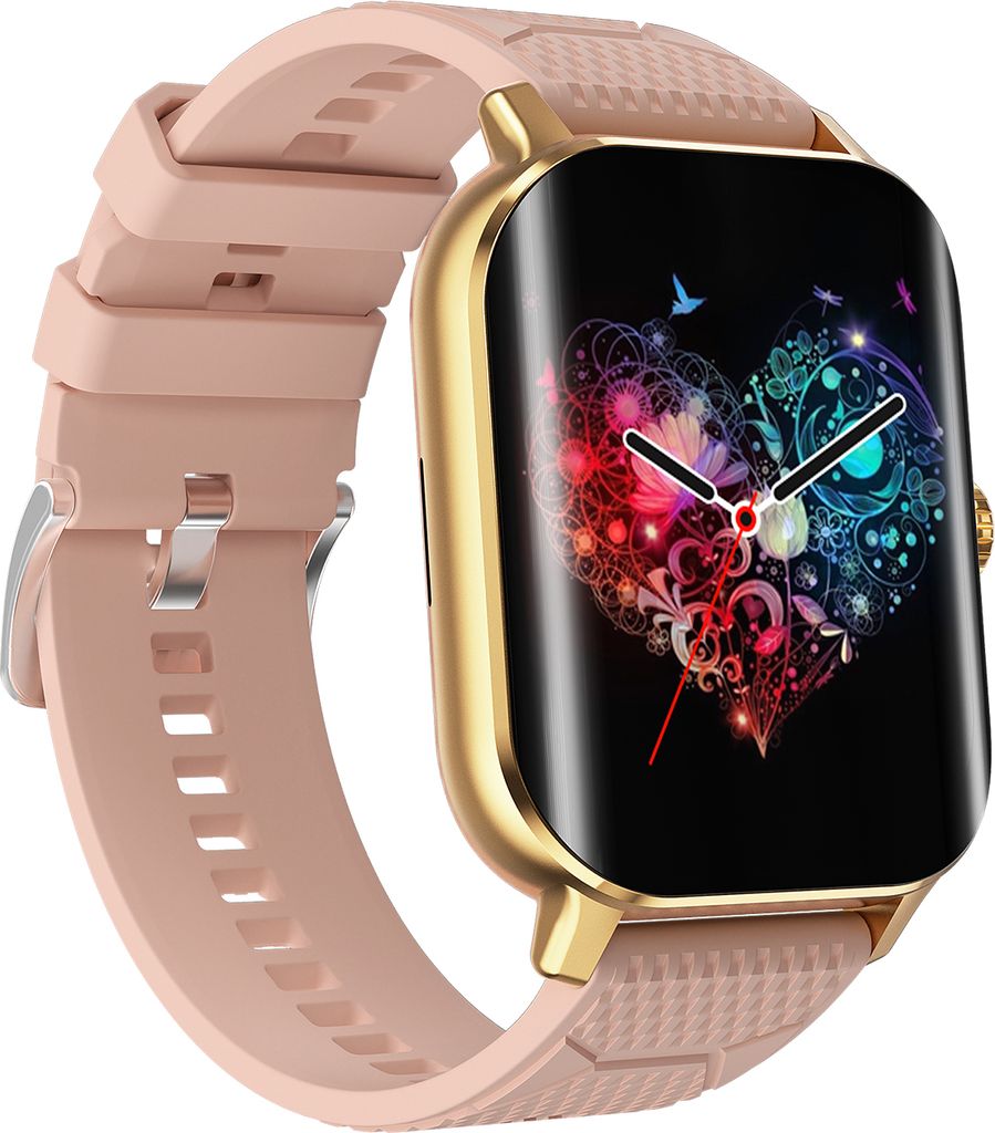 A smartwatch with a pink band and gold casing is shown on a white background.