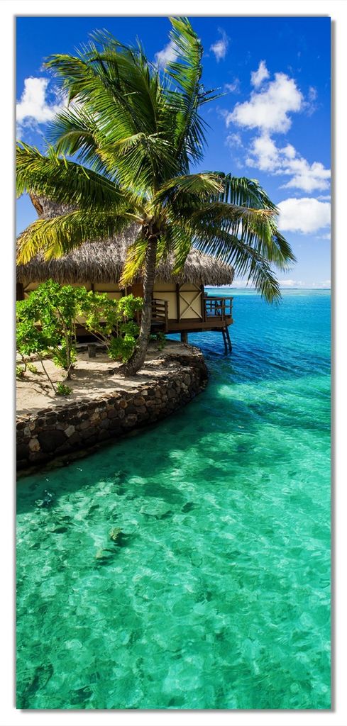 Wallario selbstklebende Türtapete 93 x 205 cm - Karibisches Meer Einsame Hütte unter Palmen - Abwischbar, rückstandsfrei zu entfernen