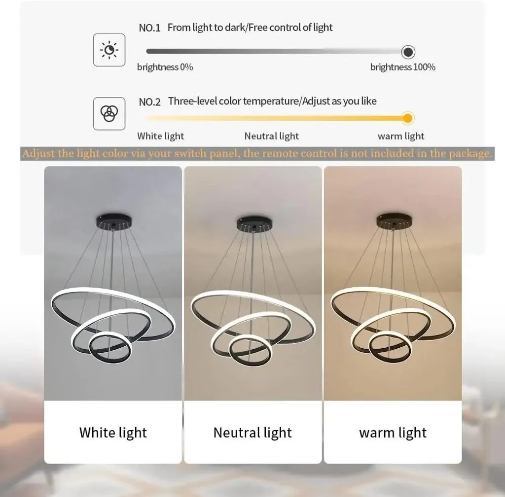 Lustre LED circulaire noir 3 anneaux Ø 60 cm - Plafonnier moderne variable