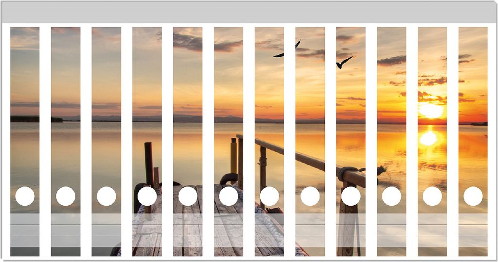 Wallario Ordnerrücken Sticker, selbstklebend für schmale Ordner, 12 Stück, Motiv Sonnenuntergang über dem See idyllischer Steg