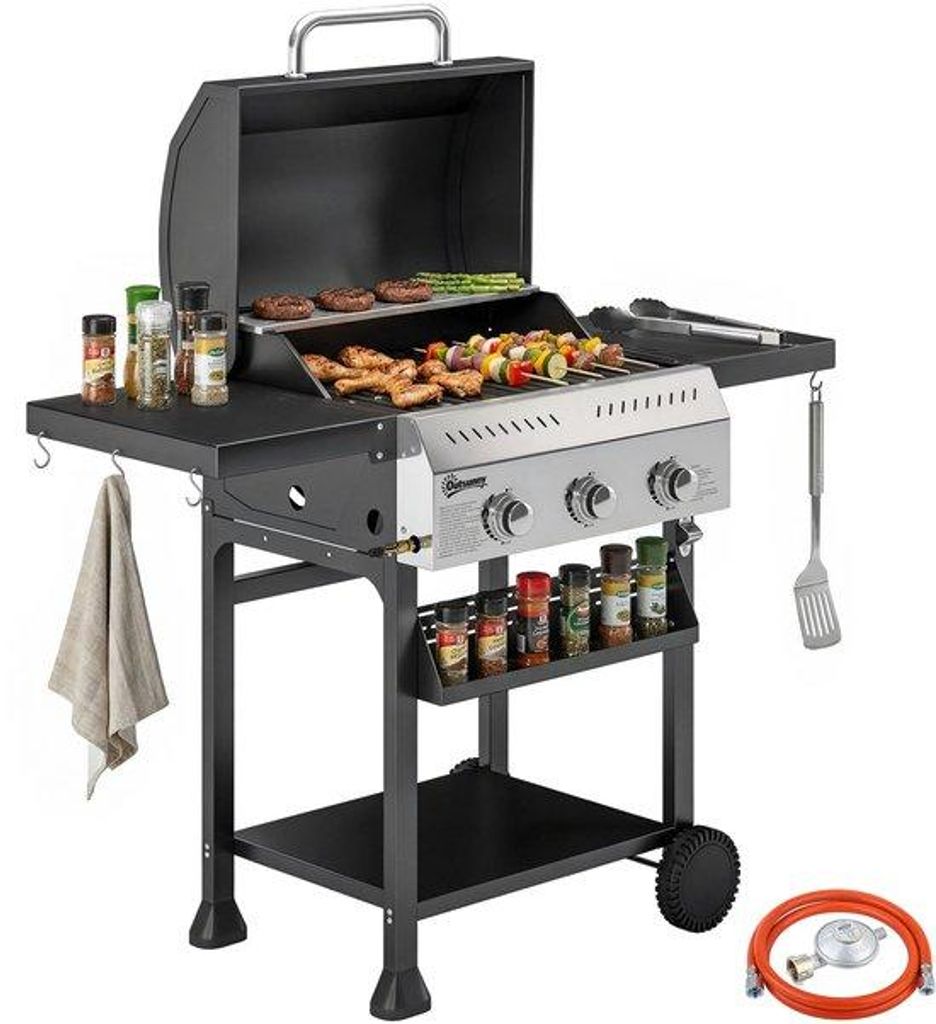 Gasgrill 9 kW 3 Brandern inkl. Inklappbare Zeltafel Kruidenhalter Unterplatte 6 Haken