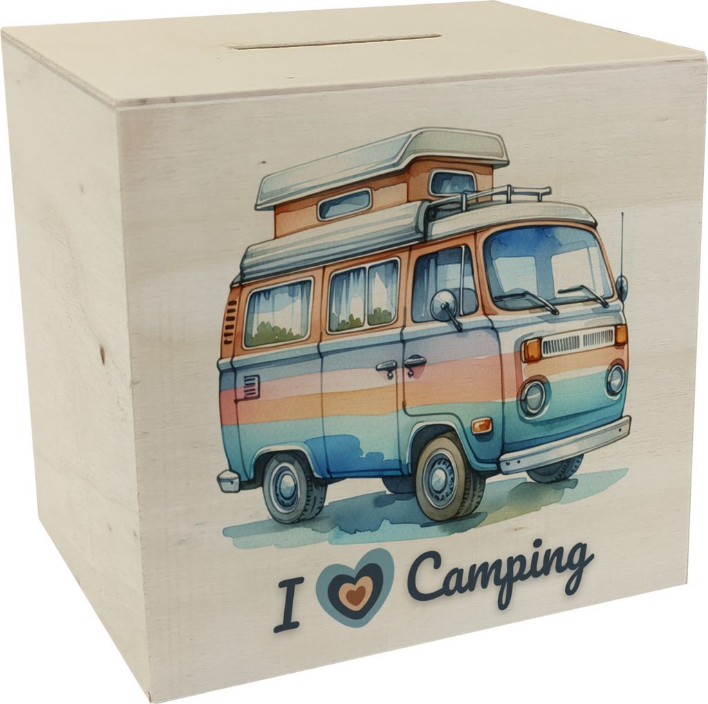 Campervan Spardose aus Holz mit Spruch I love Camping