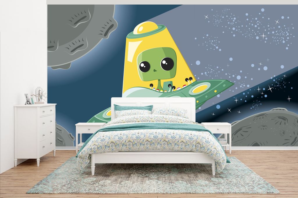 MuchoWow Fototapete für Wohnzimmer oder Schlafzimmer Wandtapete Vinyl Motivtapete Illustration - Kinder - UFO - 395x220 cm - Tapezier Papier
