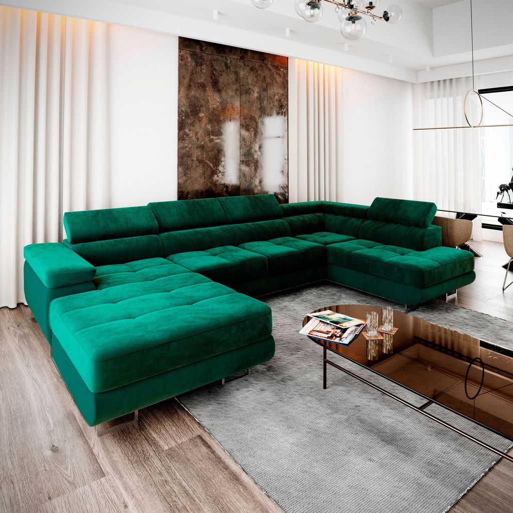 Masseno Ecksofa CASONE R-S mit Schlaffunktion U-Form, Sofa mit Bettkasten, Wohnzimmersofa, Couch, Soffa, Bettsofa, Couchgarnitur- Grün, MONOLITH 37