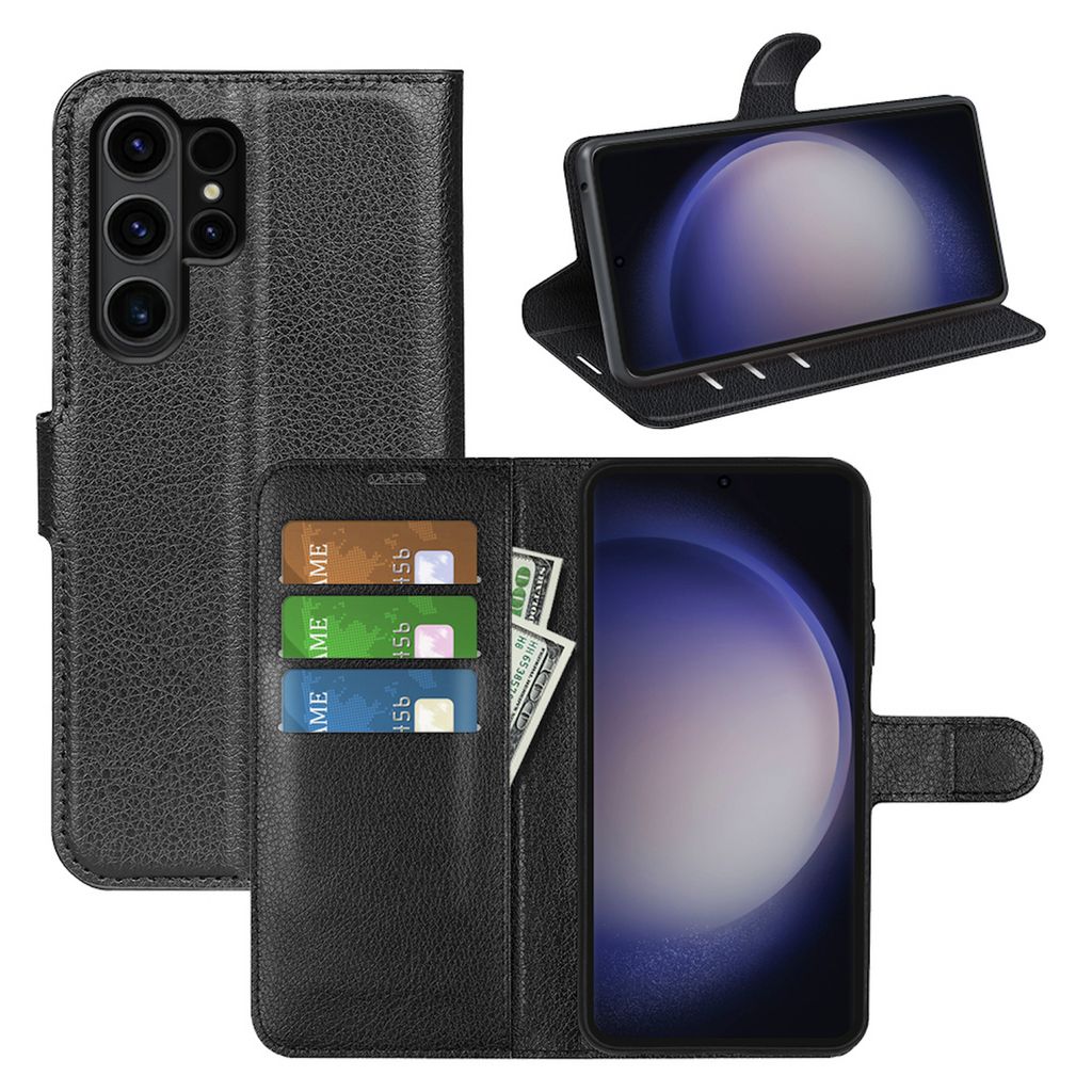 A black leather wallet-style phone case for a Samsung Galaxy S24 Ultra is shown from multiple angles, including open and closed views, with cards and cash inserted.
