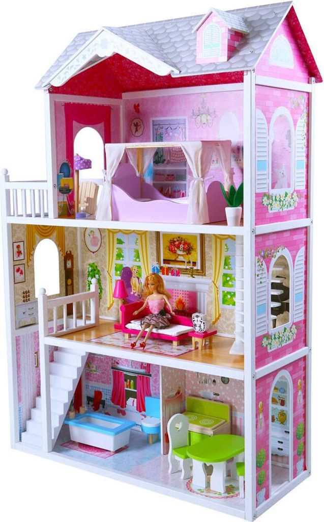 Bandits & Angels Puppenhaus aus Holz, Barbie-Haus, rosa Landhaus, ab 3 Jahren, 124 cm hoch – inklusive 14 Möbelstücken – für Barbie-Puppen ...