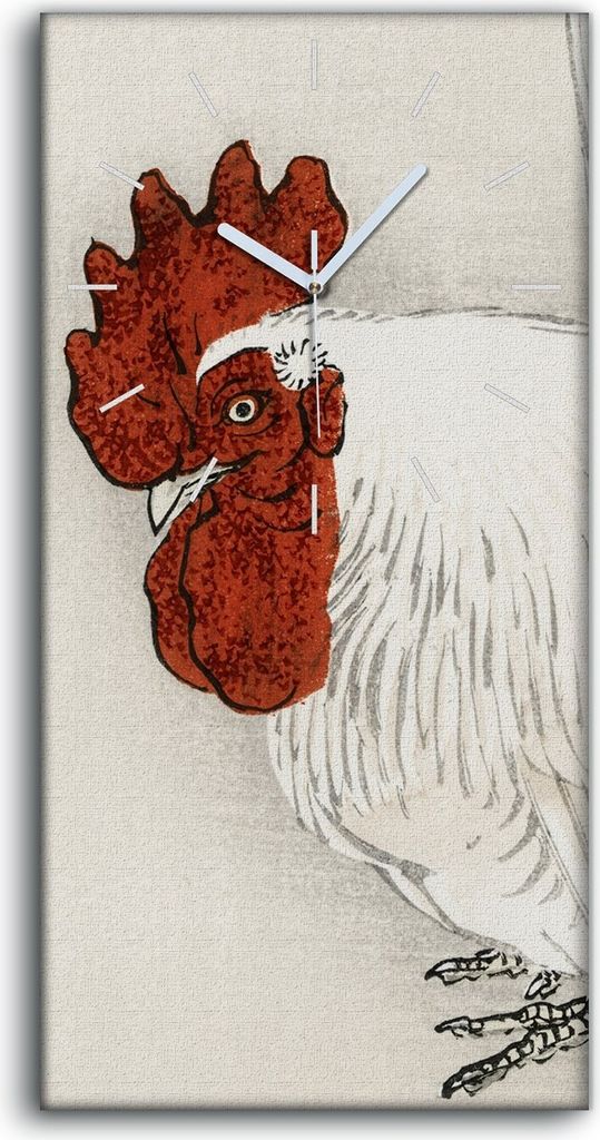 Wandbild Leinwand Bilder mit Uhr 30x60 Gemälde Asiatisches Tier Vogel Huhn - weiße Hände