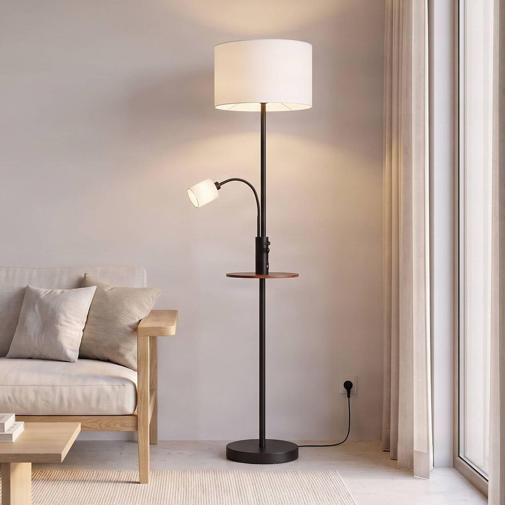 Lindby Stehlampe Aovan, schwarz, Ablage, USB-Anschluss Produktbild 