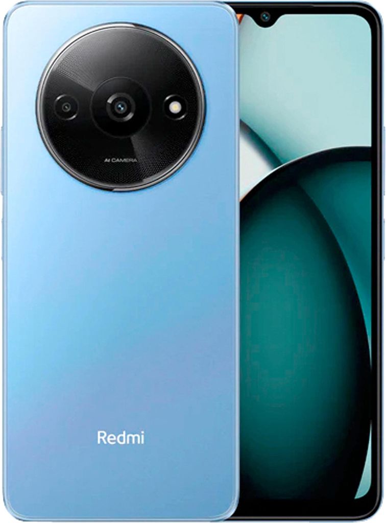 A light blue smartphone is shown from the back, with a prominent circular camera module. The screen is partially visible on the right side.