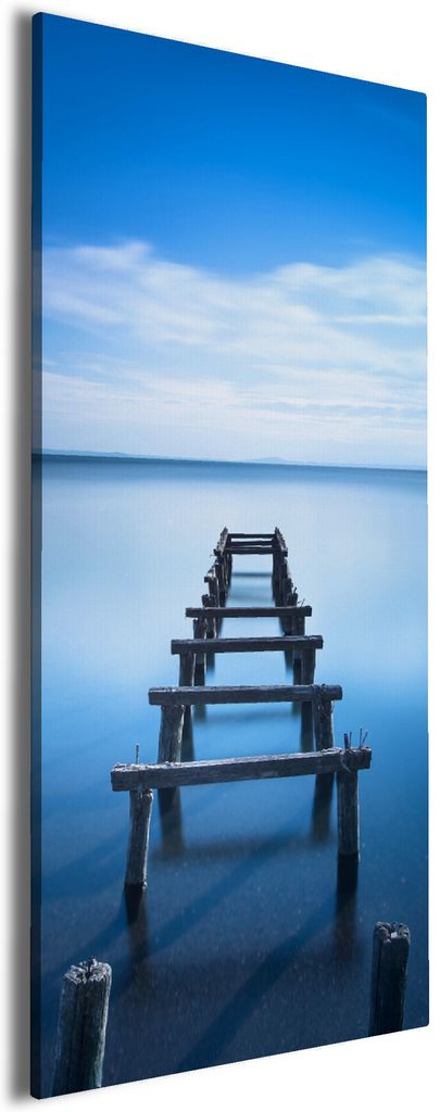 Wallario Premium Leinwandbild Rustikaler Holzsteg im blauen See in Größe 80 x 200 cm