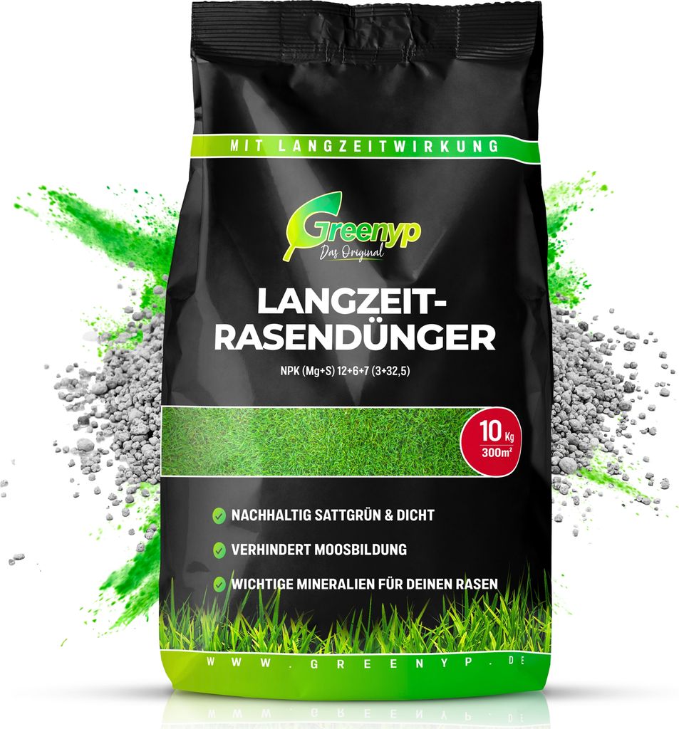 Greenyp Langzeit Rasendünger I 10kg für 300m² I mit Langzeitwirkung für Frühjahr bis Spätsommer I verhindert Moosbildung I NPK Dünger Rasen ...