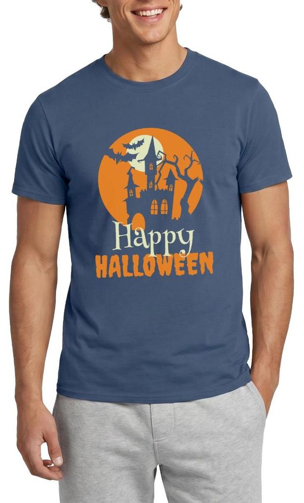 Spreadshirt Happy Halloween Spukhaus Mit Vollmond Und Fledermaus Männer T-Shirt, 3XL, Dunkles Denimblau