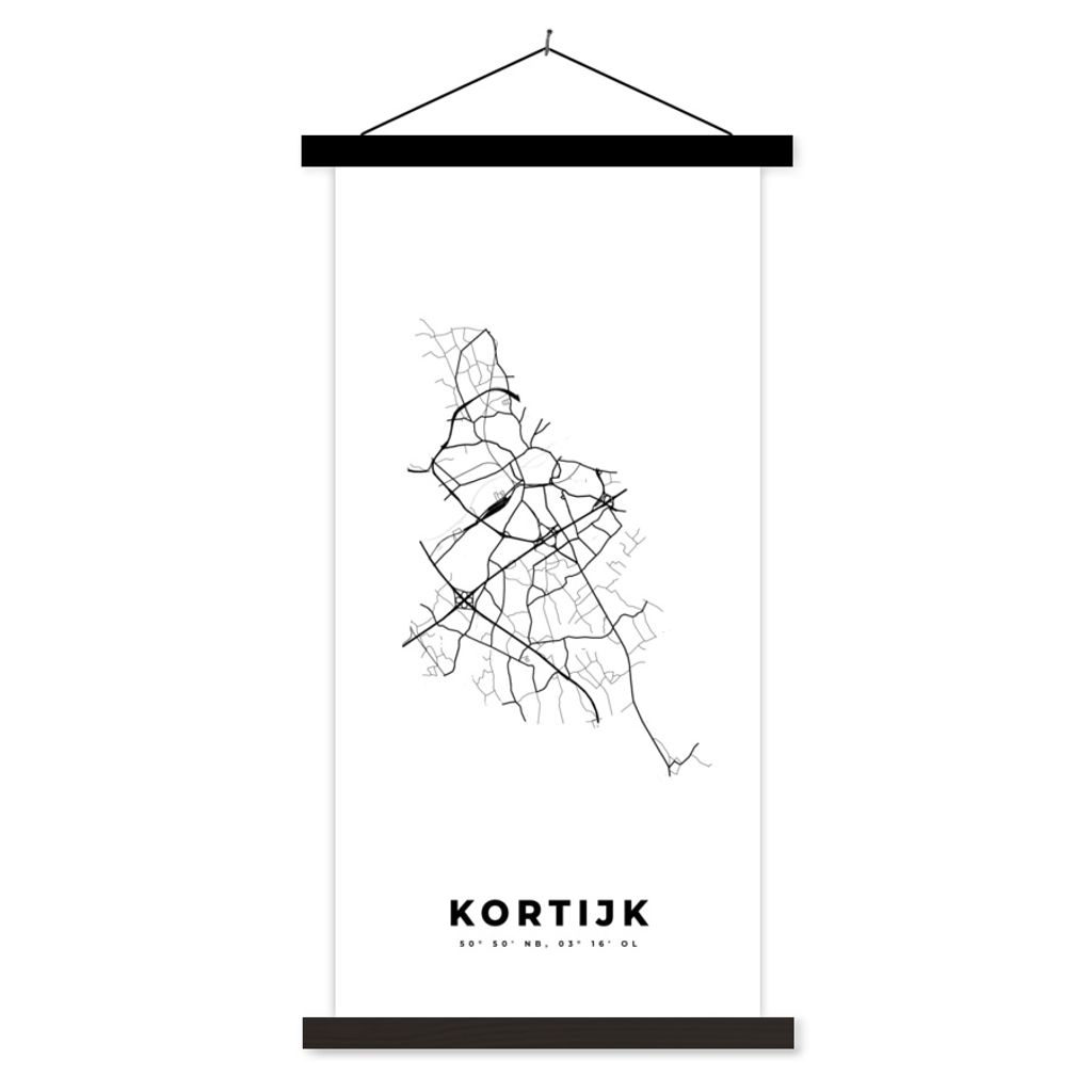 MuchoWow Textilposter Belgien - Kortrijk - Stadtplan - Karte - Schwarz-weiß - Karte 60x120 cm mit schwarzem Rahmen - Magnete