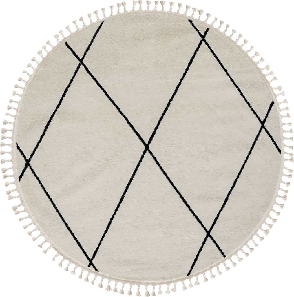 MY-RUG Teppich, Ida, 190x190, Weiß, Hochflorteppich, modern, marokkanisches Design, flauschig weich, Skandi-Rautenmuster, rund