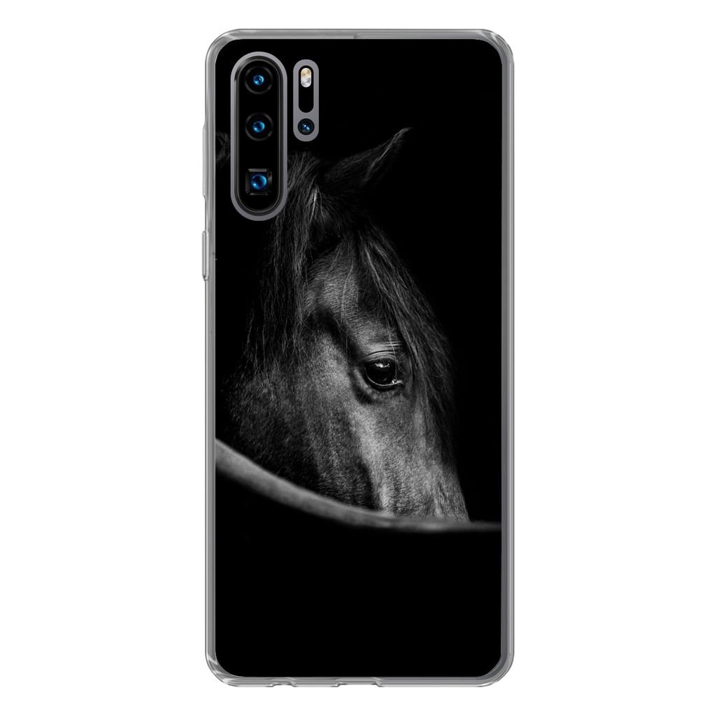 MuchoWow Handyhülle Schutzhülle Hülle für Huawei P30 Pro Pferde - Porträt - Schwarz - Tiere Silikon Softcase Handy Hülle - Schutzdeckel