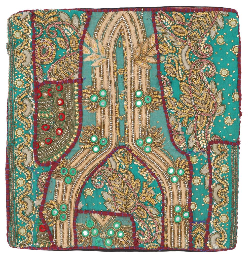 Patchwork Kissenhülle, Dekokissen Bezug aus Rajasthan, Einzelstück - Muster 39, Grün, Baumwolle, 40*40*0,5 cm, Zierkissen, Dekokissen, Sofakissen