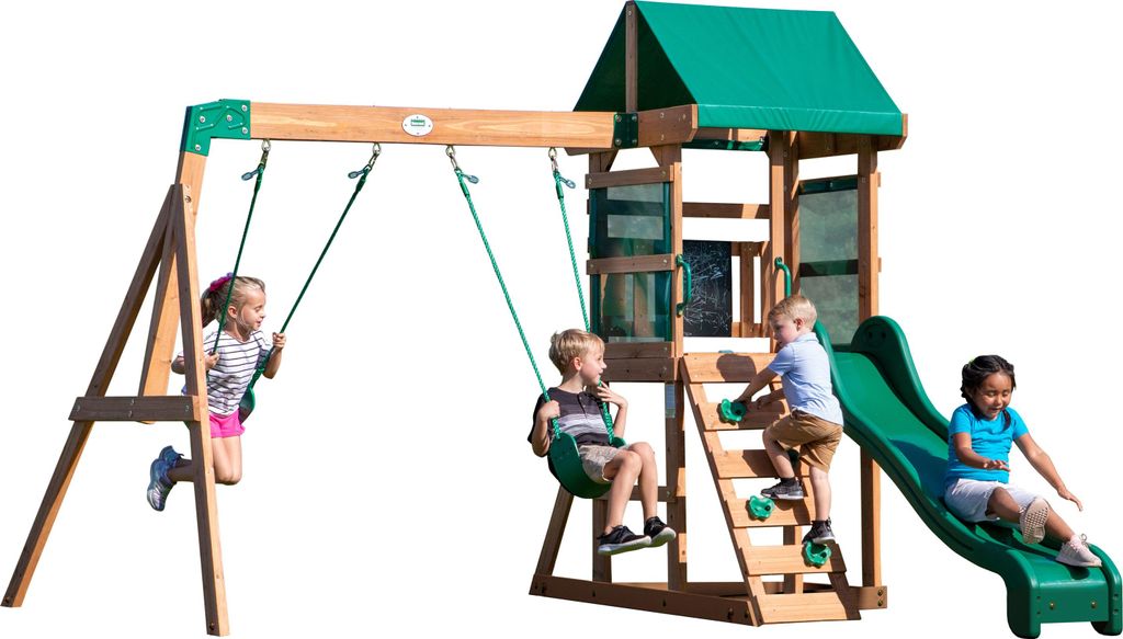 Backyard Discovery Spielturm Buckley Hill aus Holz | XXL Spielhaus für Kinder mit Rutsche, Schaukel und Kletterleiter | Stelzenhaus für den Garten