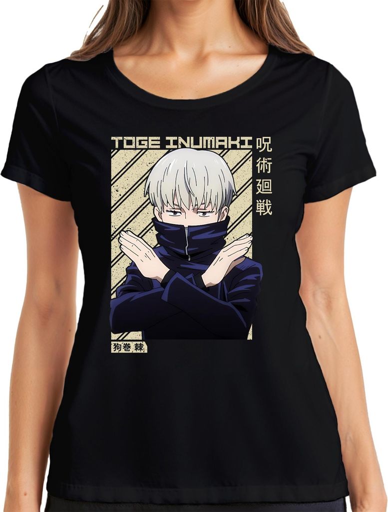 Toge Inumaki Jujutsu Kaisen Anime Geschenk Cosplay Silberhaar Damen T-Shirt, Schwarz, XXL