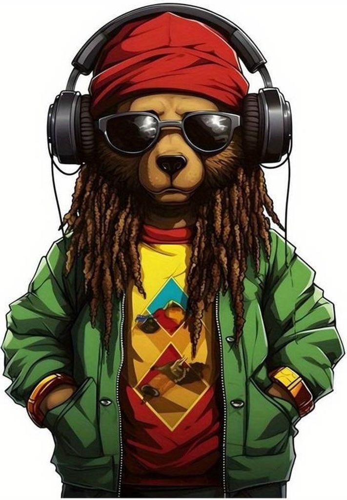 GKA großes Bügelbild cooler Hippie Bär & Sonnenbrille & Kopfhörer G3 Applikation für Textilien Aufbügler Patches Zum Aufbügeln Größe: 22 c...