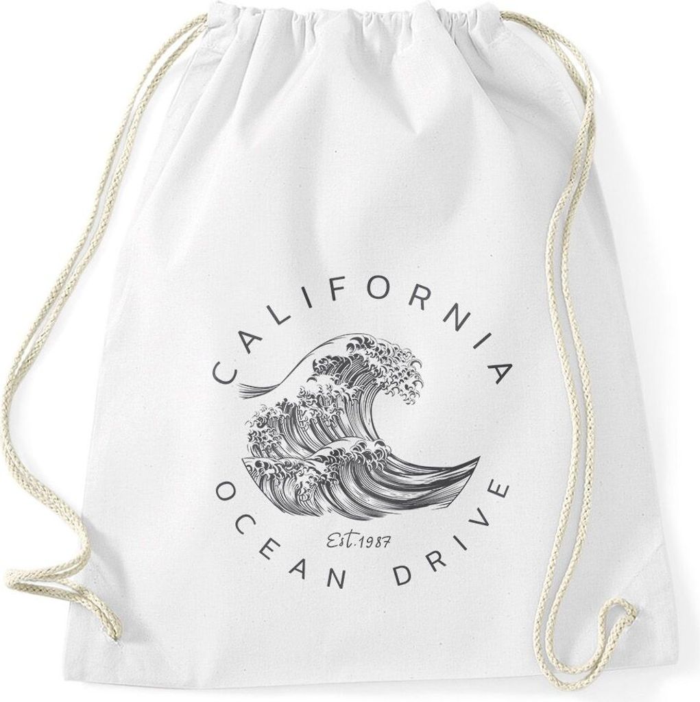 Turnbeutel Welle Wave California Ocean Drive Surf Summer Hipster Beutel Tasche Gymsac Autiga weiß unisize