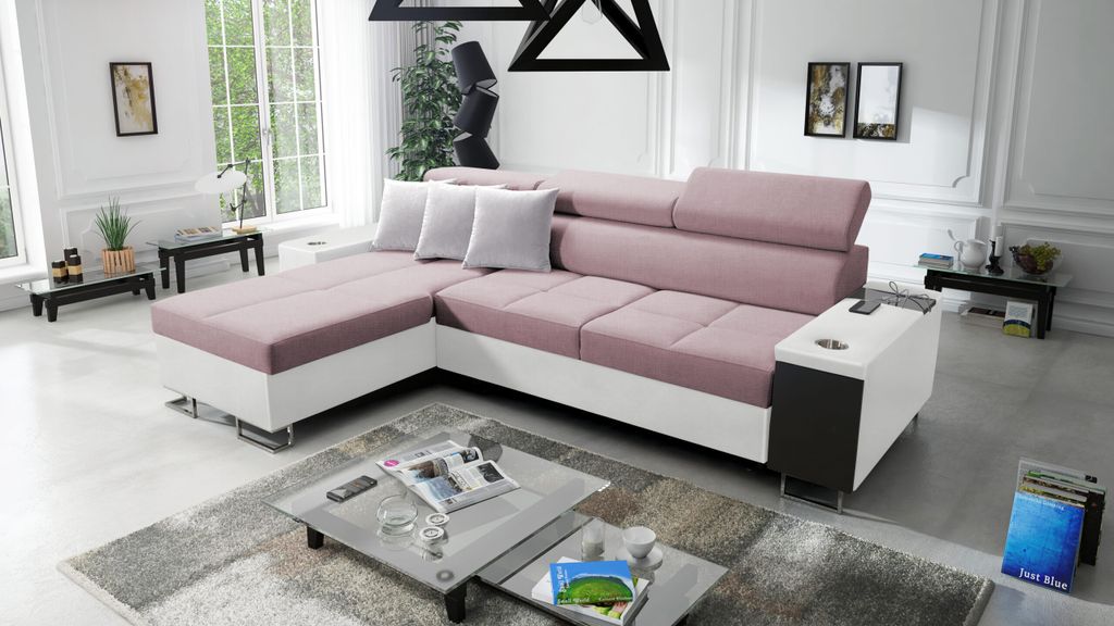 Kaiser Möbel Bequemes Ecksofa mit Schlaffunktion MORENA I MINI Kunstleder/Sawana Weiß/Rosa Links
