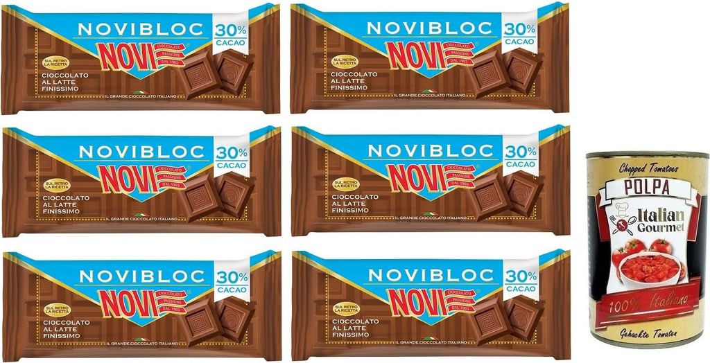 6x Novi Novibloc Cioccolato al Latte Tafel Milchschokolade 30% Kakao 150g + Italian Gourmet Polpa di Pomodoro 400g Dose