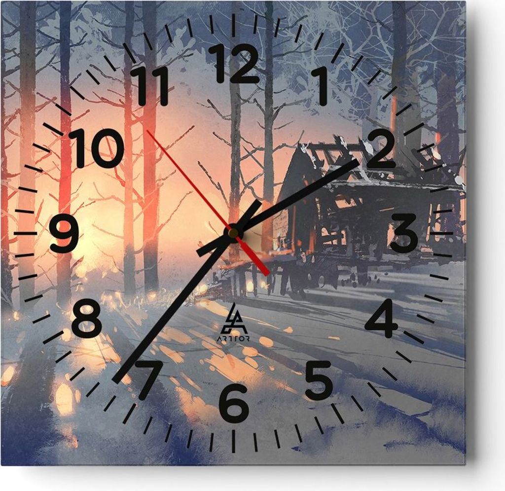 Wanduhr - Quadrat - Glasuhr - Winter Wald Hütte - 40x40cm - Schleichendes Uhrwerk - Lautlos - zum Aufhängen bereit - Dekoration Modern - Wanddeko...
