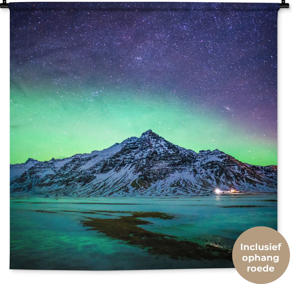 MuchoWow Wandteppich Wandbehang Berg - Nordlichter - Schweden - Schnee - Grün - Winter 120x120 cm Tapisserie Dekoration Wandtuch - Modern - Baum...